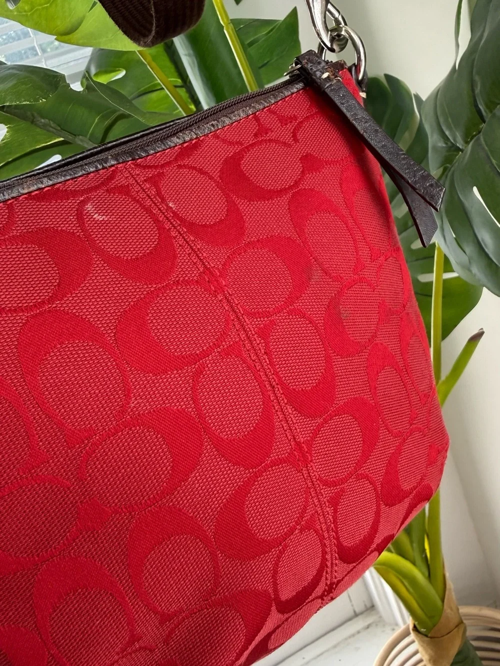 Coach Signature Monogram Red Brown Crossbody Bag Zip Vintage